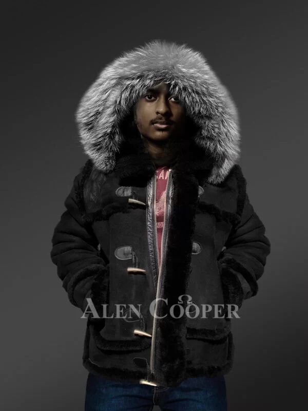 Black Shearling B-3 Bomber Jacket With Hood - Image 2