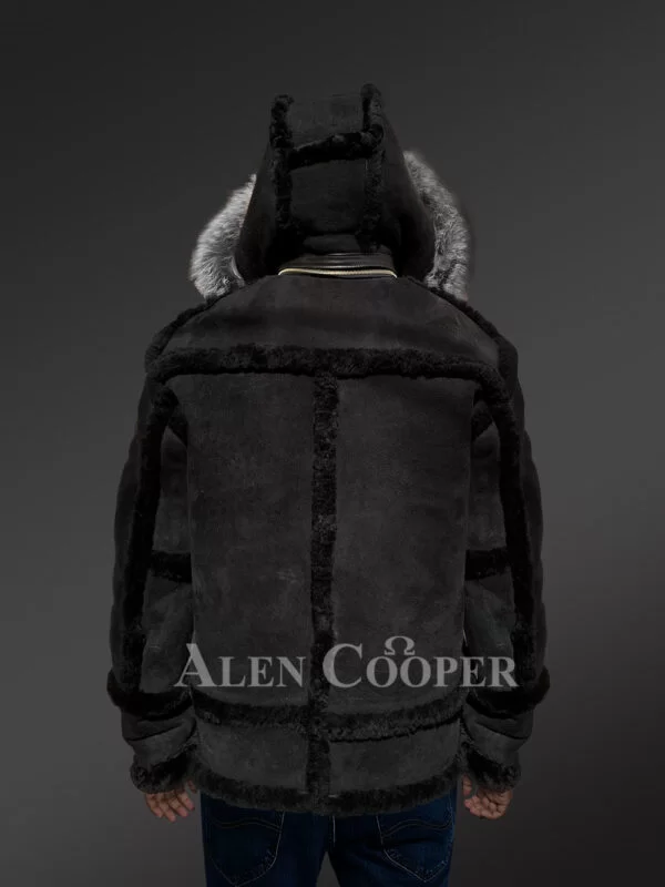 Black Shearling B-3 Bomber Jacket With Hood - Image 8