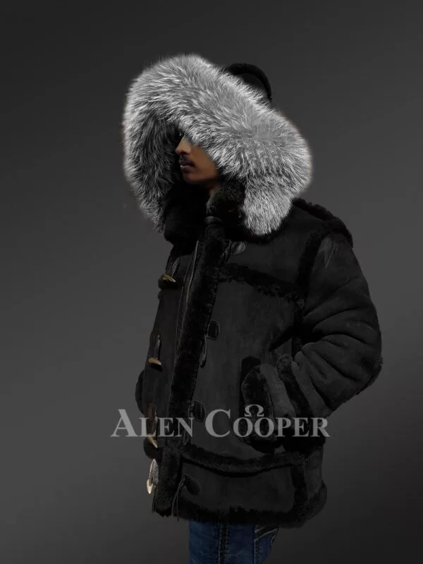 Black Shearling B-3 Bomber Jacket With Hood - Image 7
