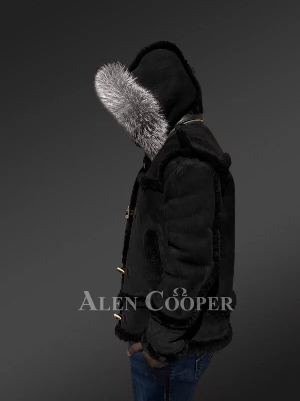 Black Shearling B-3 Bomber Jacket With Hood - Image 5