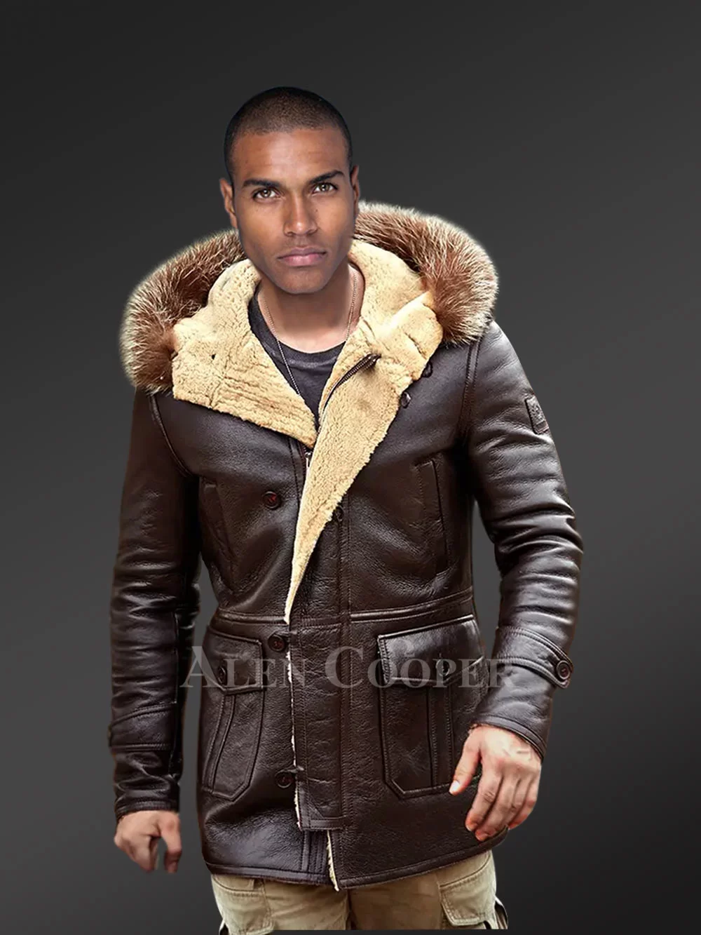 Men Raccoon Fur Collar Real Sheepskin Leather Jacket Leather