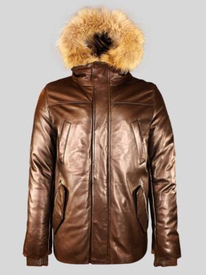Men’s Coffee Real Leather Parka with Raccoon Trim on Hood