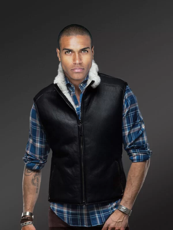 Men's shearling Vest by Alen Cooper in black sheepskin smooth nappa finish skin plates is for tasteful and sophisticated men