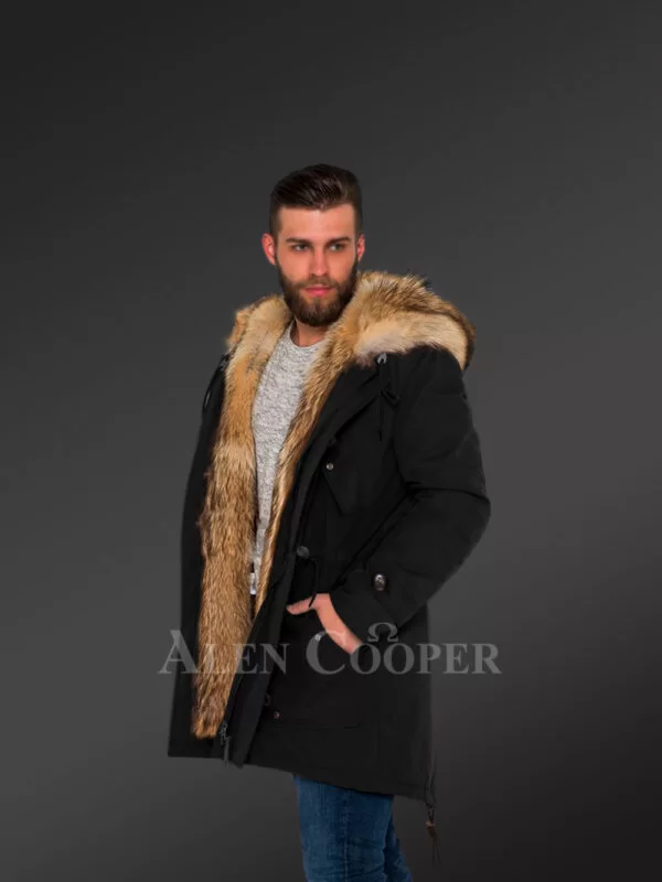 Men’s Golden Island Fox Fur Hybrid Black Parka Convertibles for More Stylish and Elegant You with Rabbit Liner - Image 4