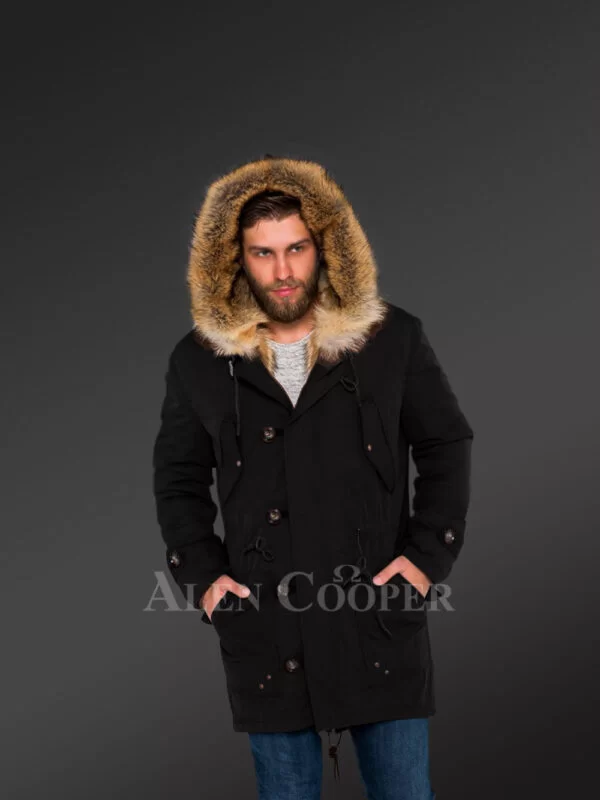 Men’s Golden Island Fox Fur Hybrid Black Parka Convertibles for More Stylish and Elegant You with Rabbit Liner - Image 3