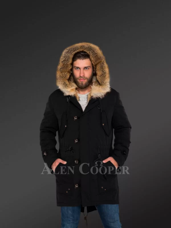 Men’s Golden Island Fox Fur Hybrid Black Parka Convertibles for More Stylish and Elegant You with Rabbit Liner - Image 2