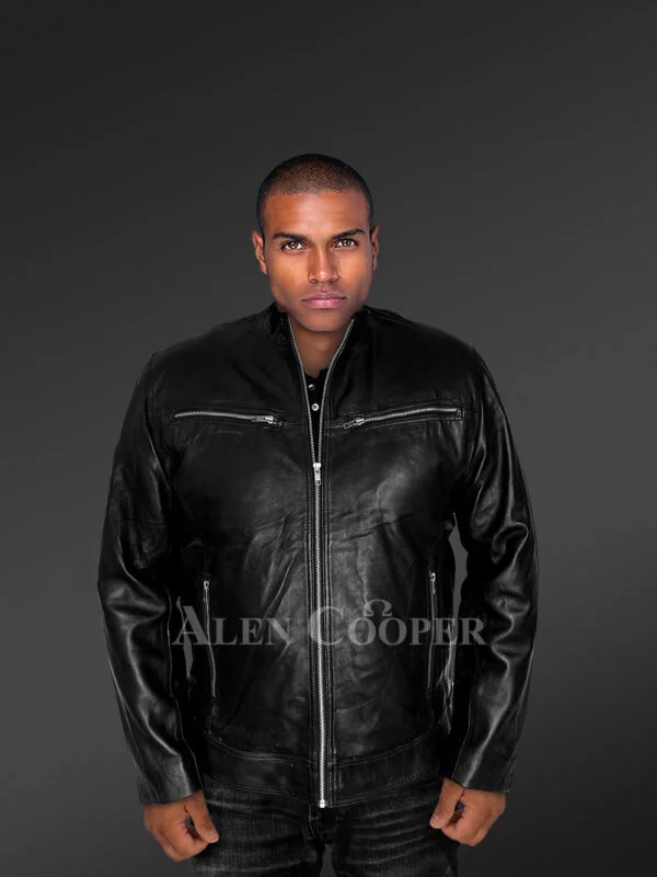 Mens Moto Leather Jacket in Black - Image 3