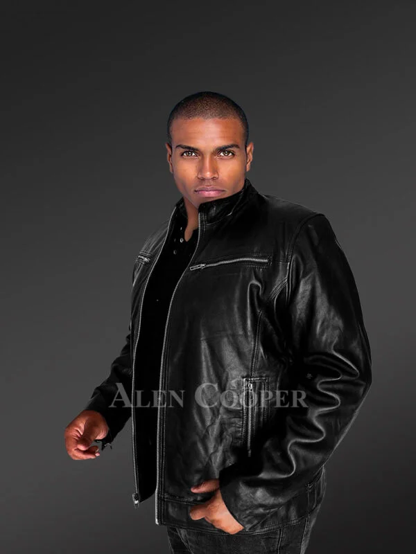 Mens Moto Leather Jacket in Black - Image 4