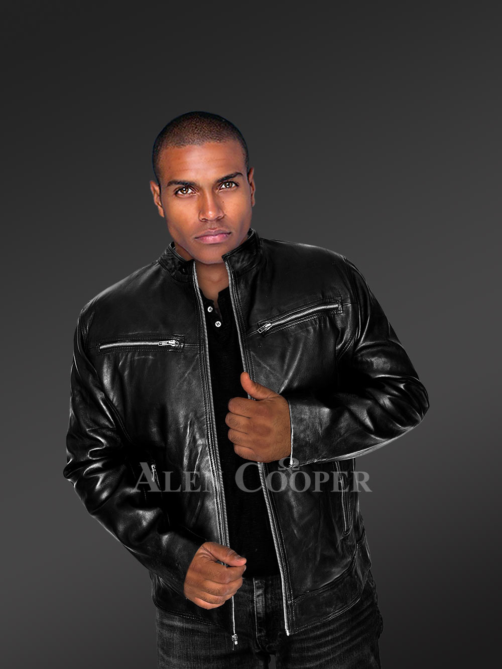 Mens Moto Leather Jacket in Black - Image 5