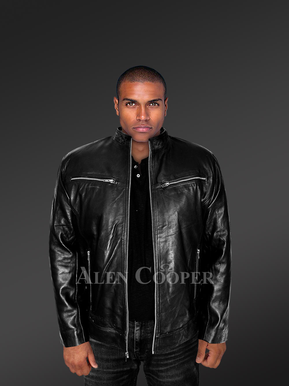 Mens Moto Leather Jacket in Black - Image 6