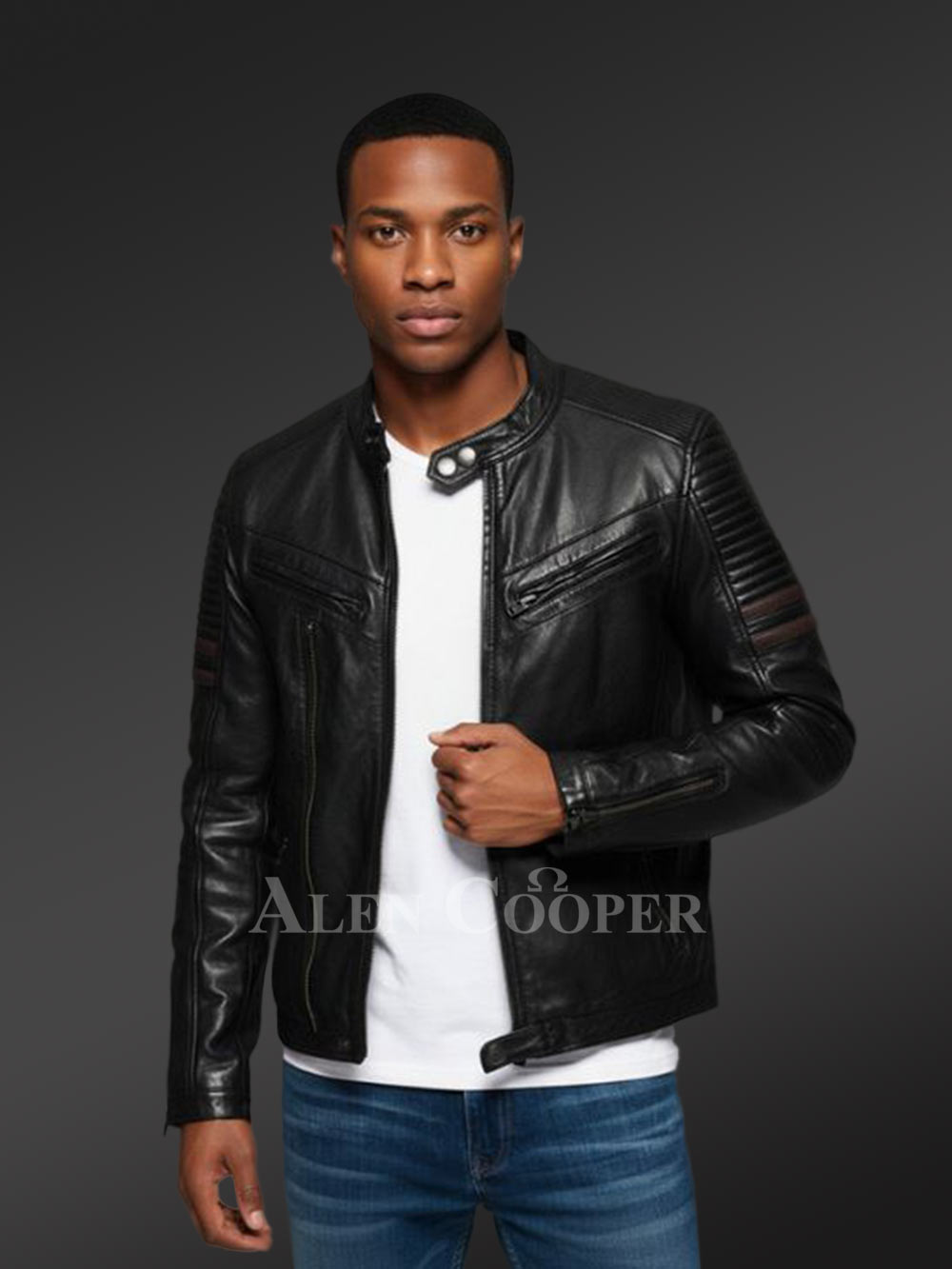 Men’s Motorcycle Band Collar Leather Jacket