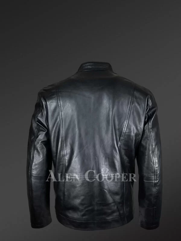 Black Moto Jacket of Lambskin Leather with Mandarin Collar and Zip-Up Closure - Image 3