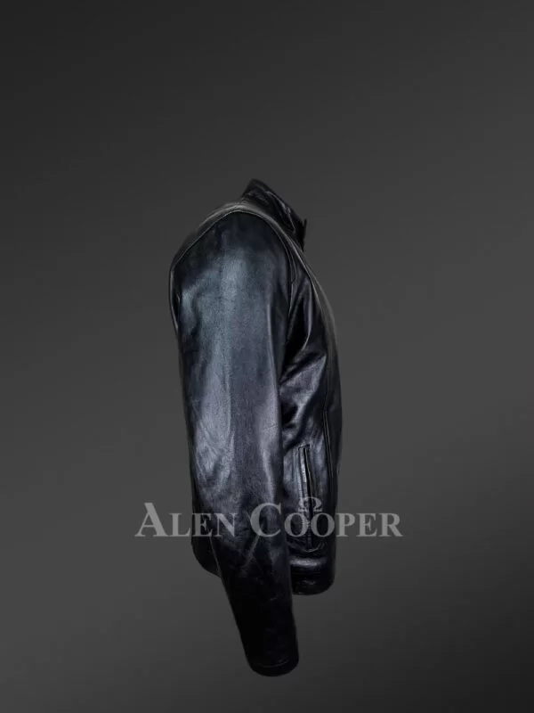 Black Moto Jacket of Lambskin Leather with Mandarin Collar and Zip-Up Closure - Image 2