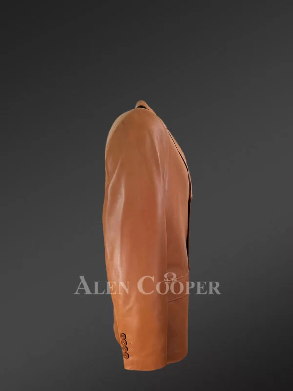 Mens Tan Leather Blazer with Notched Lapel – Versatile Outfit for Different Purposes - Image 3