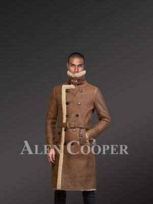 Mens authentic shearling long coat in brown for greater charm