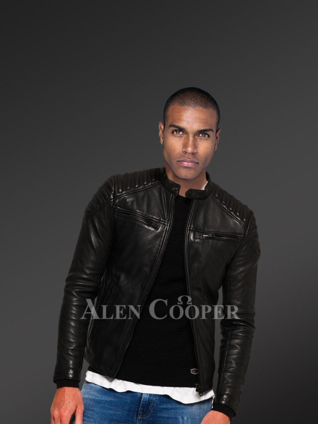 Classy Coal-Black Collarless Real Leather