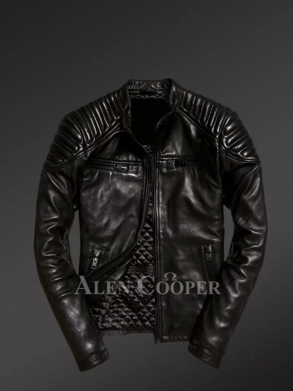 Classy Coal-Black Collarless Real Leather Sturdy Winter Jacket for Men - Image 3