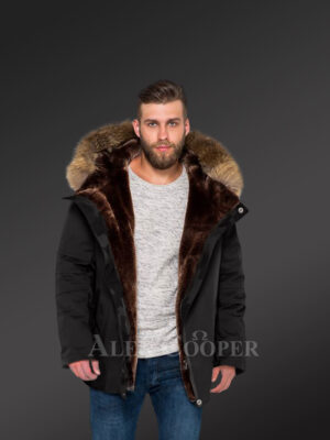 Men’s hybrid black Finn raccoon fur parka convertibles