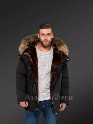 Men’s hybrid black Finn raccoon fur parka convertibles