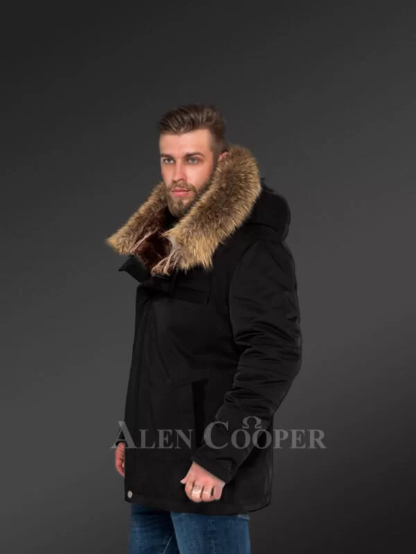 Blazing Fashion Trend with Men’s Hybrid Black Finn Raccoon Fur Parka Convertibles - Image 4