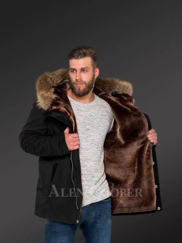 Blazing Fashion Trend with Men’s Hybrid Black Finn Raccoon Fur Parka Convertibles - Image 3