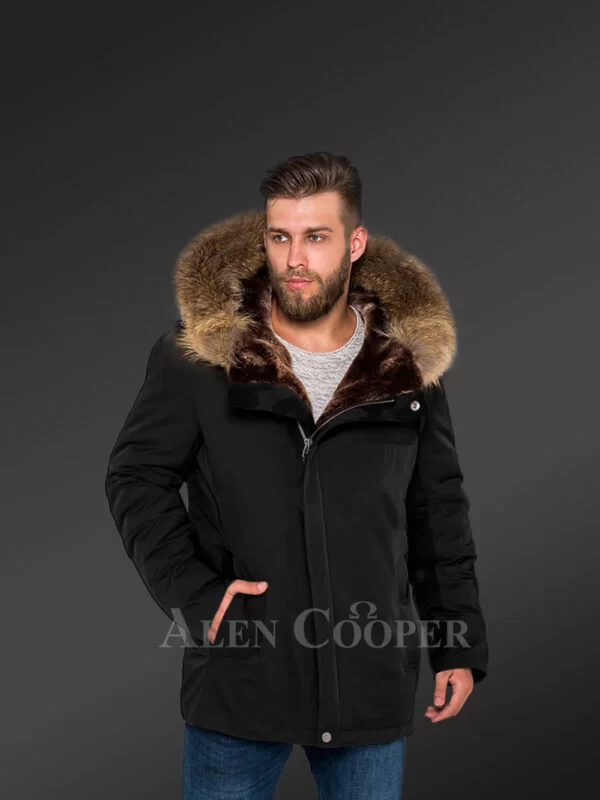 Blazing Fashion Trend with Men’s Hybrid Black Finn Raccoon Fur Parka Convertibles - Image 2