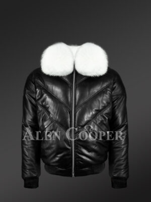Men’s iconic premium lamb skin black v-bomber jacket with detachable white fur collar new