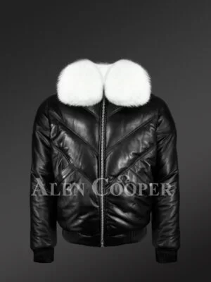 Men’s iconic premium lamb skin black v-bomber jacket with detachable white fur collar new