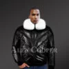 Men’s iconic premium lamb skin black v-bomber jacket with detachable white fur collar new