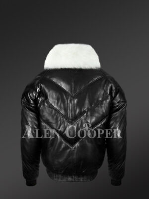 Men’s iconic premium lamb skin black v-bomber jacket with detachable white fur collar new