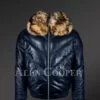 Men’s navy real leather v bomber winter jacket with real raccoon fur collar new model