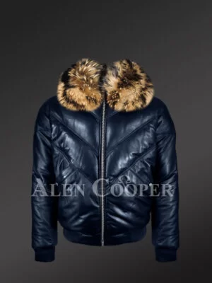 Men’s navy real leather v bomber winter jacket with real raccoon fur collar new model