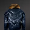 Men’s navy real leather v bomber winter jacket with real raccoon fur collar new model