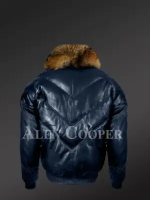 Men’s navy real leather v bomber winter jacket with real raccoon fur collar new model