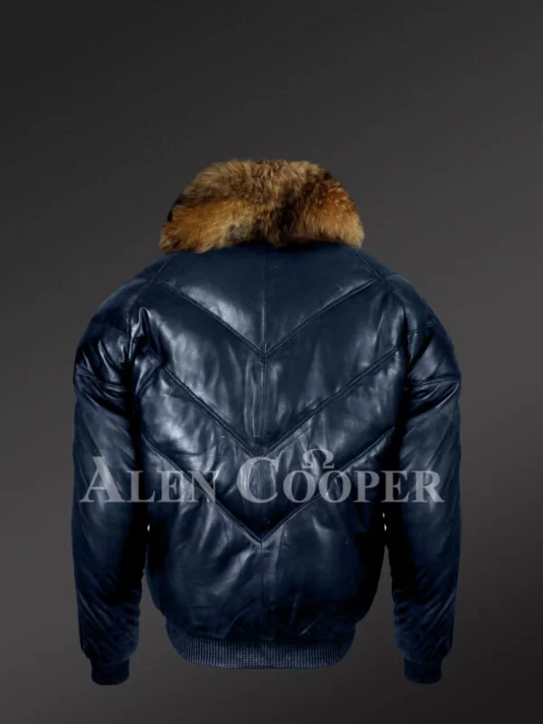 Men’s navy real leather v bomber winter jacket with real raccoon fur collar new model