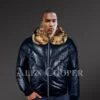 Men’s navy real leather v bomber winter jacket with real raccoon fur collar new model