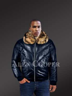 Men’s navy real leather v bomber winter jacket with real raccoon fur collar new model