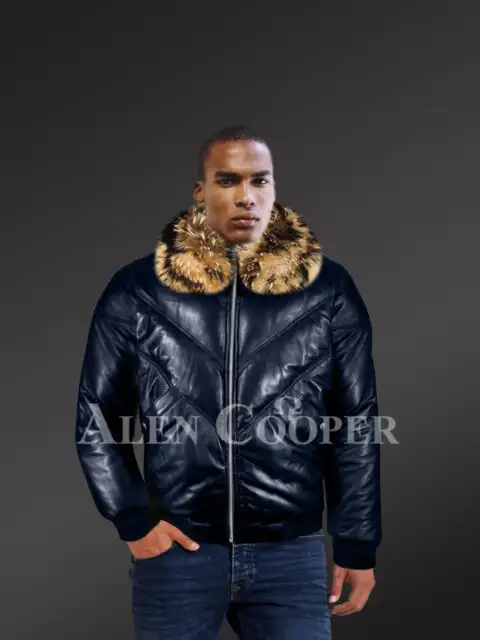 Men’s navy real leather v bomber winter jacket with real raccoon fur collar new model