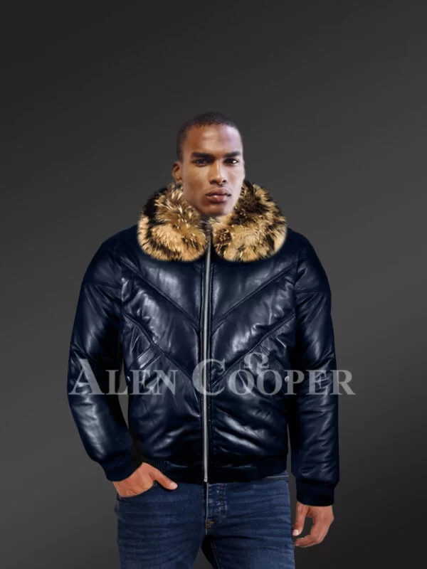 Men’s navy real leather v bomber winter jacket with real raccoon fur collar new model