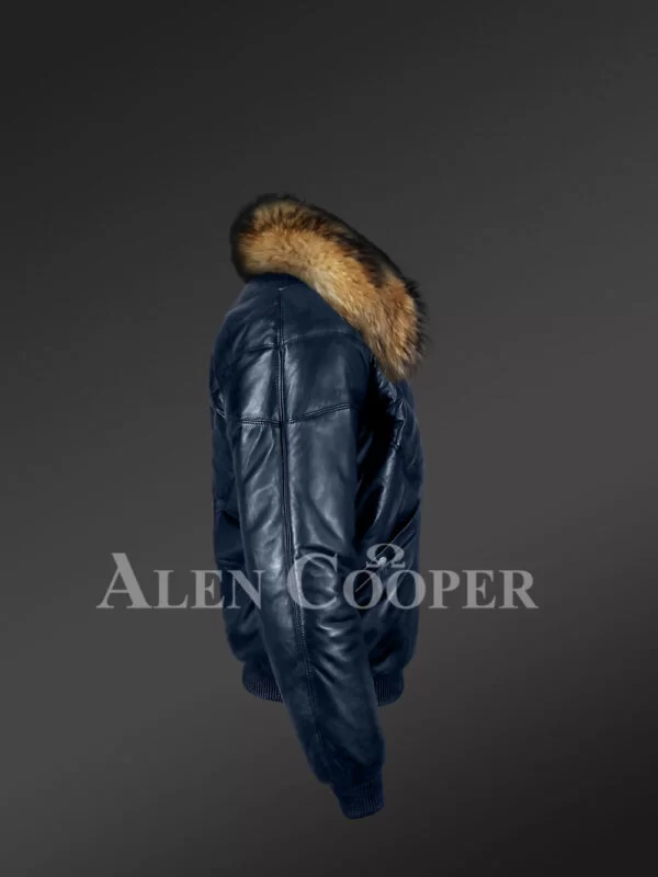 Men’s navy real leather v bomber winter jacket with real raccoon fur collar new model