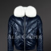 Men’s navy real leather vintage v bomber jacket with snow white real fox fur collar new model