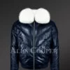 Men’s navy real leather vintage v bomber jacket with snow white real fox fur collar new model