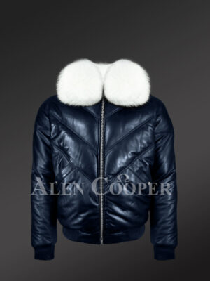 Men’s navy real leather vintage v bomber jacket with snow white real fox fur collar new model