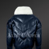 Men’s navy real leather vintage v bomber jacket with snow white real fox fur collar new model