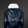 Men’s navy real leather vintage v bomber jacket with snow white real fox fur collar new model