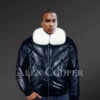 Men’s navy real leather vintage v bomber jacket with snow white real fox fur collar new model