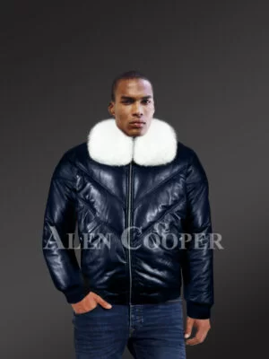 Men’s navy real leather vintage v bomber jacket with snow white real fox fur collar new model