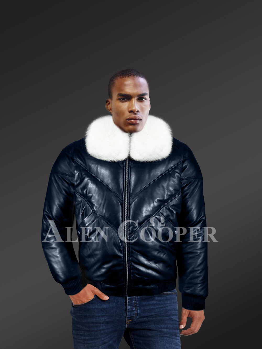 MEN V BOMBER- NAVY BLUE (OFF WHITE FUR)