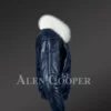 Men’s navy real leather vintage v bomber jacket with snow white real fox fur collar new model