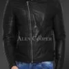 Men’s pure leather jacket with stylish asymmetrical zipper closure and quilted sleeves